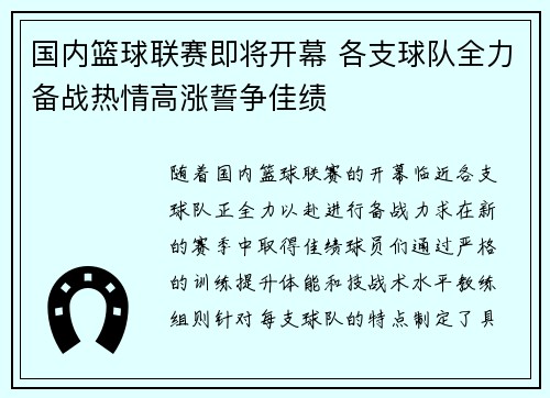 国内篮球联赛即将开幕 各支球队全力备战热情高涨誓争佳绩