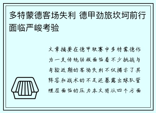 多特蒙德客场失利 德甲劲旅坎坷前行面临严峻考验