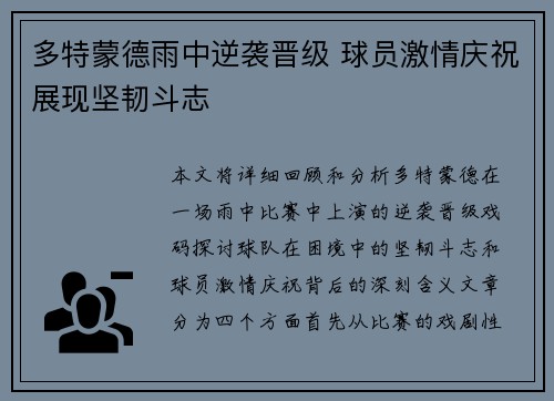 多特蒙德雨中逆袭晋级 球员激情庆祝展现坚韧斗志