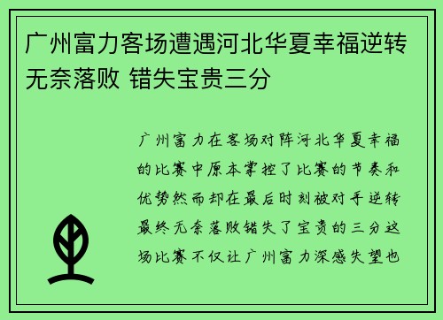 广州富力客场遭遇河北华夏幸福逆转无奈落败 错失宝贵三分