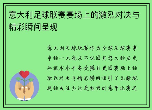 意大利足球联赛赛场上的激烈对决与精彩瞬间呈现