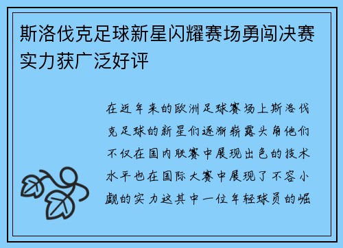 斯洛伐克足球新星闪耀赛场勇闯决赛实力获广泛好评
