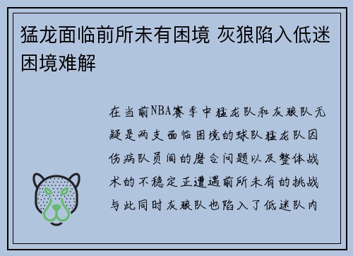 猛龙面临前所未有困境 灰狼陷入低迷困境难解