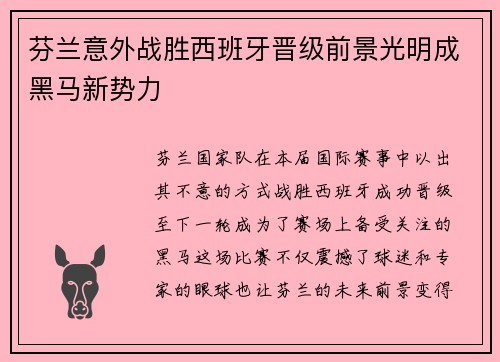 芬兰意外战胜西班牙晋级前景光明成黑马新势力