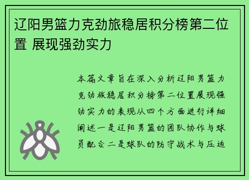 辽阳男篮力克劲旅稳居积分榜第二位置 展现强劲实力