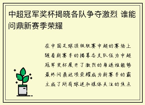 中超冠军奖杯揭晓各队争夺激烈 谁能问鼎新赛季荣耀