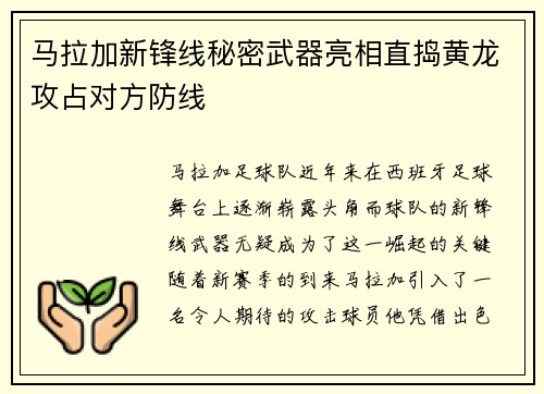 马拉加新锋线秘密武器亮相直捣黄龙攻占对方防线